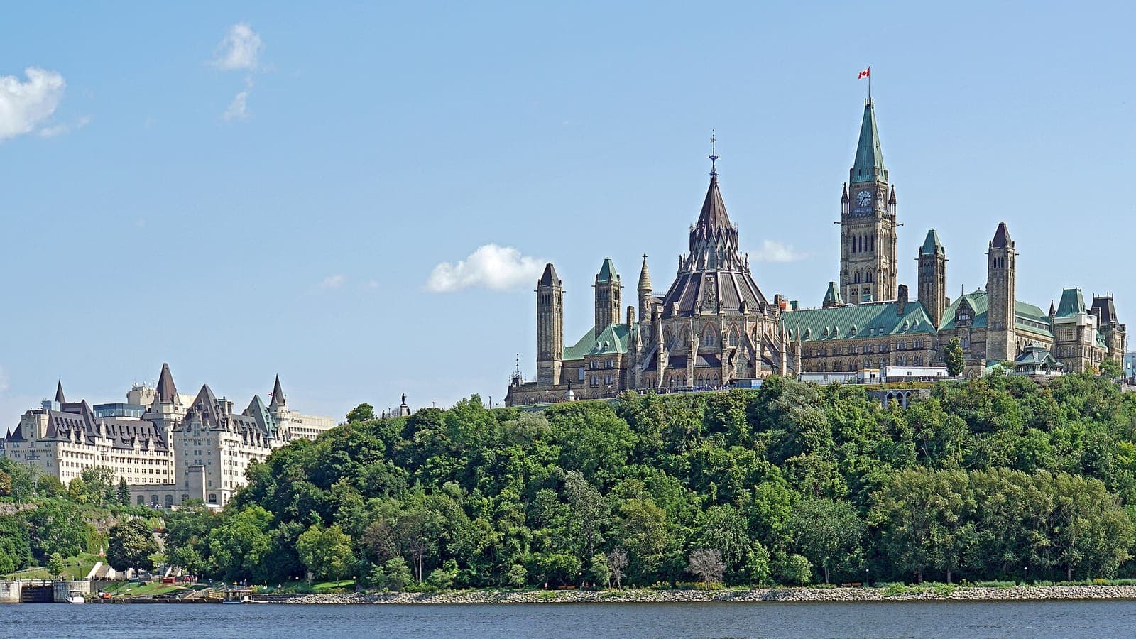 Parliament Hill and the Château Laurier above the Ottawa River in summer, Ottawa, Ontario
