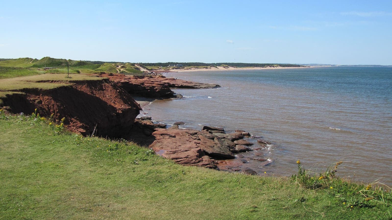 Des falaises de grès rouge et un rivage herbeux le long de la côte de Cavendish, à l'Île-du-Prince-Édouard