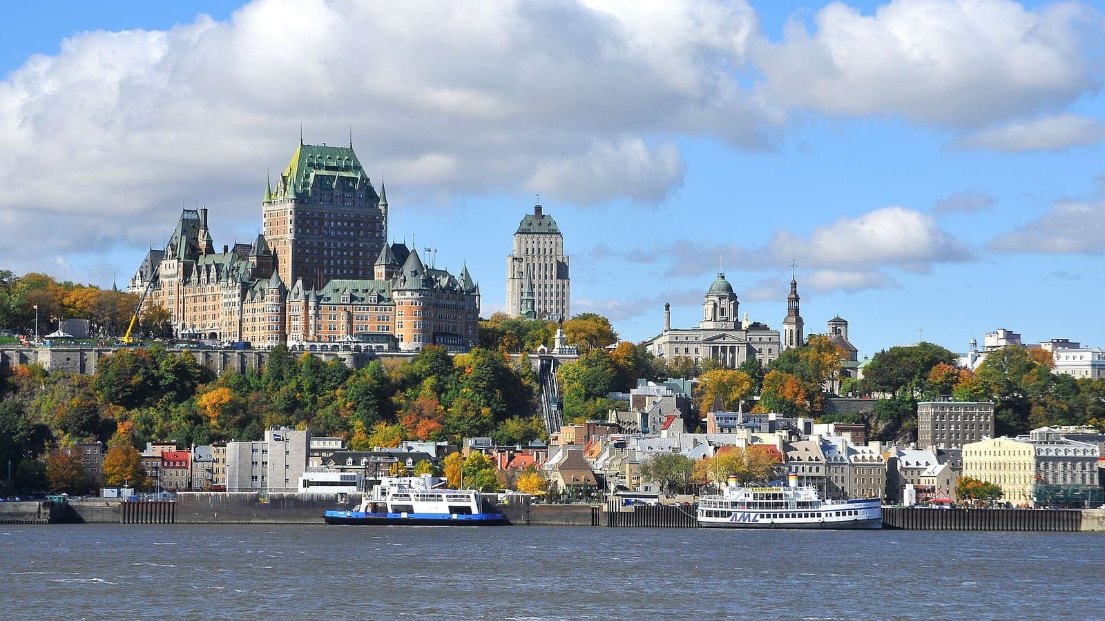The Château Frontenac and Old Quebec above the St. Lawrence River in autumn, Quebec City