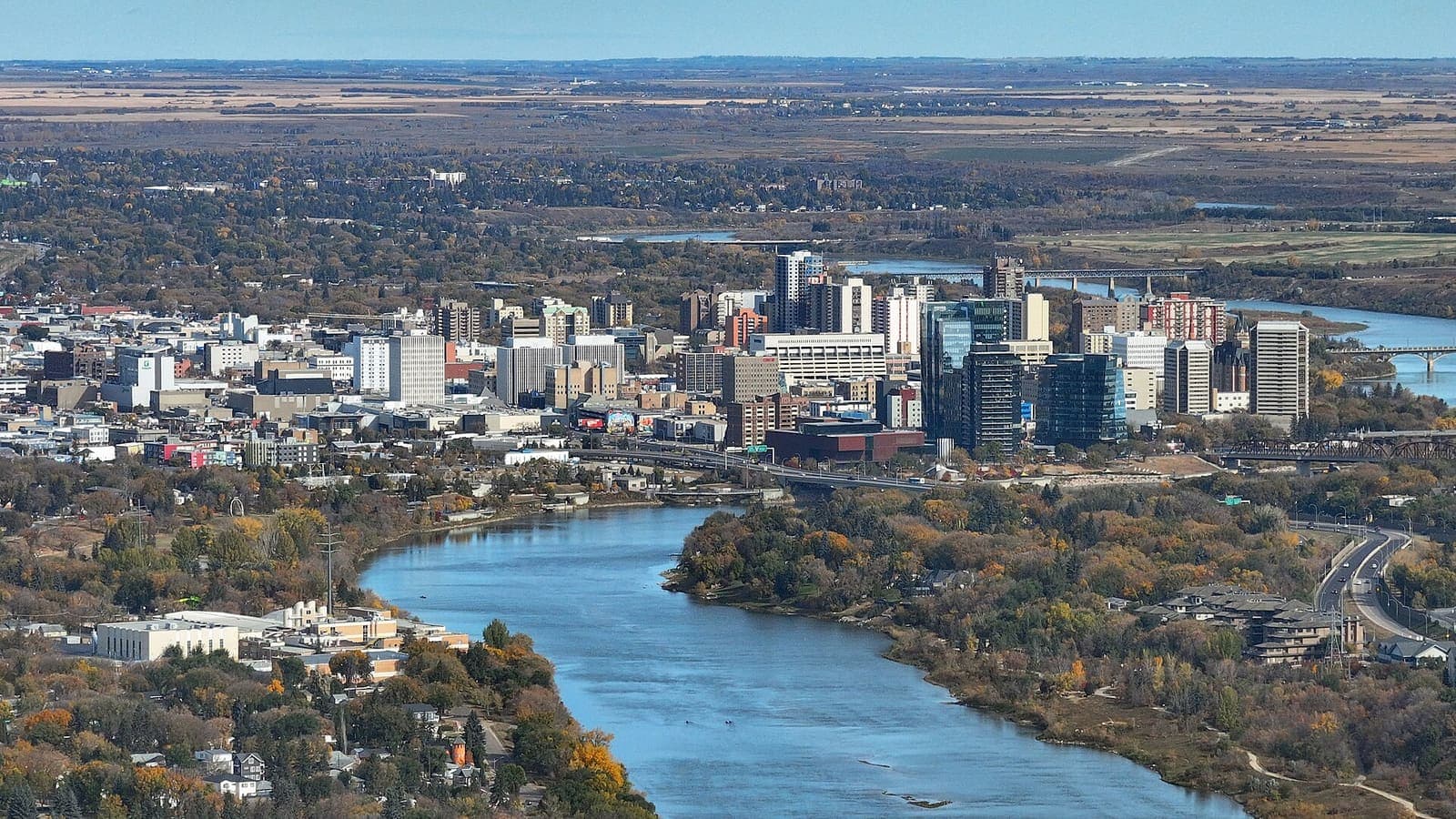 Aerial view of downtown Saskatoon and the South Saskatchewan River in autumn, Saskatchewan